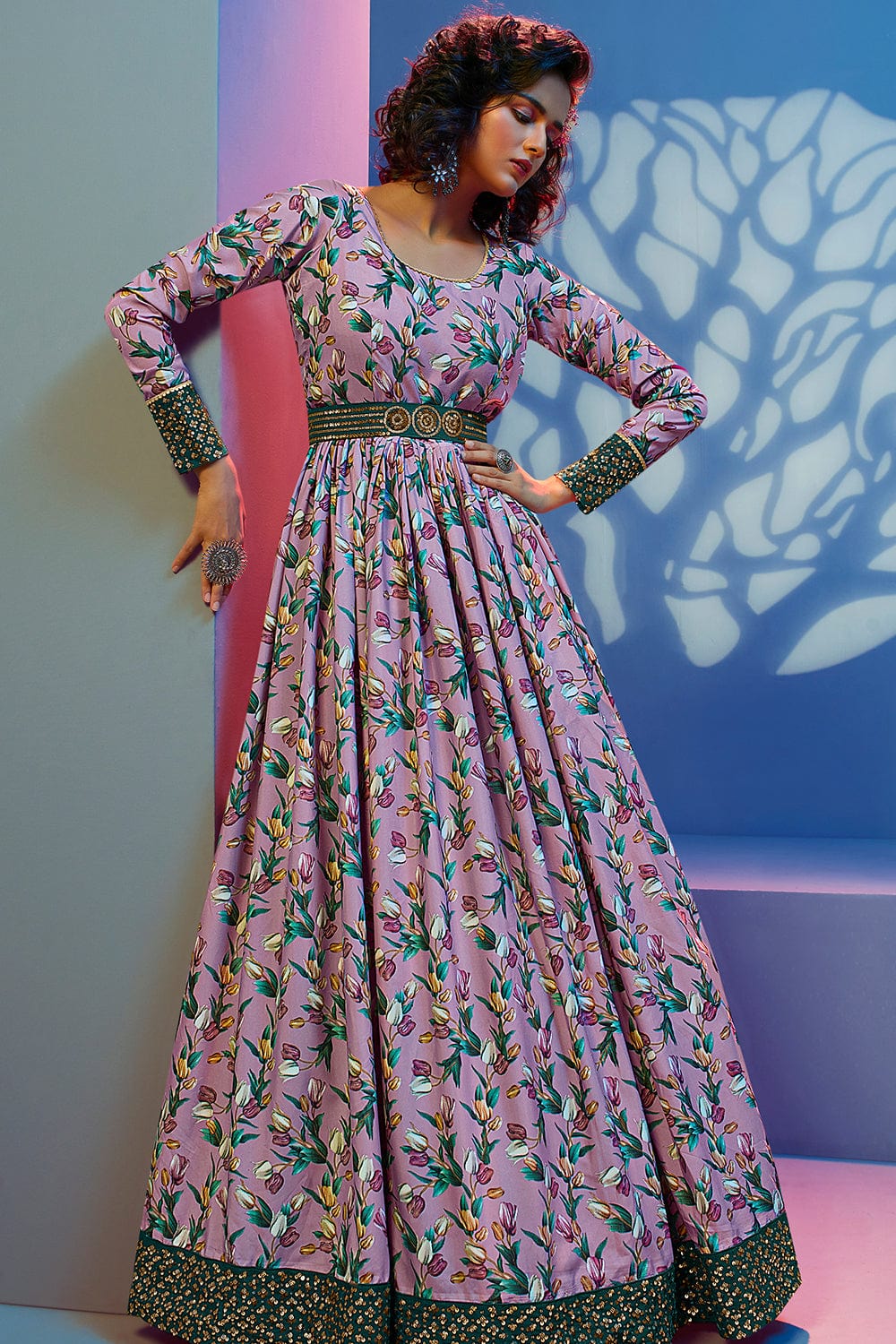 Buy Classical Multi Colour Digital Print Tibby Silk Gown Online : UAE -